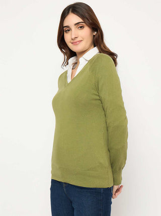 Madame V Neck Skinny Fit Olive Sweater