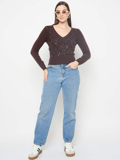 Madame Embellished Chocolate Brown Crop Sweater