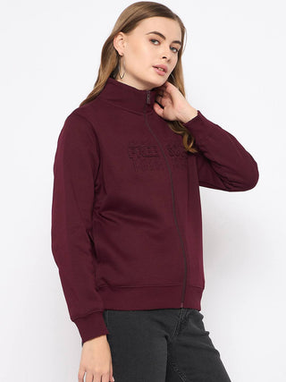 Madame Embroidery Detailied Wine Fleece Sweatshirt