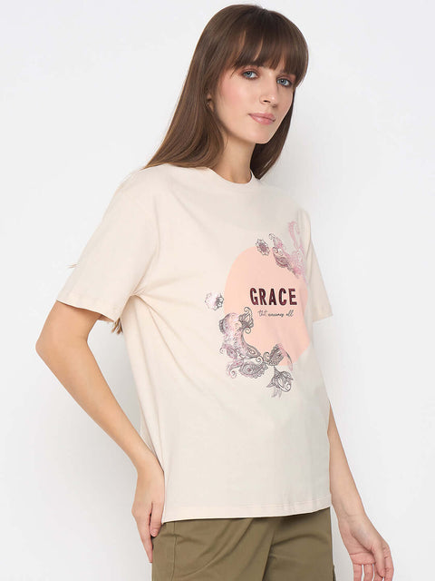 Madame Sinker Graphic Print Foil Detailed Beige Tshirt