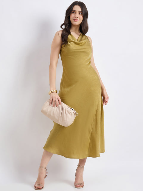 Madame Textured Cowl Neck Green Drape Dress