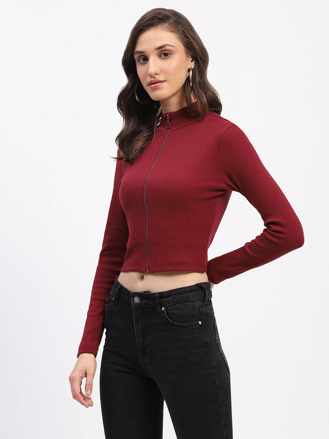 Madame Ribbed Mock Neck Zipped Bodycon Wine Top