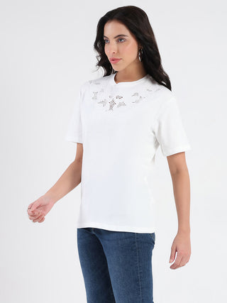 Madame Embroidered Round Neck White Cotton Lycra T-shirt