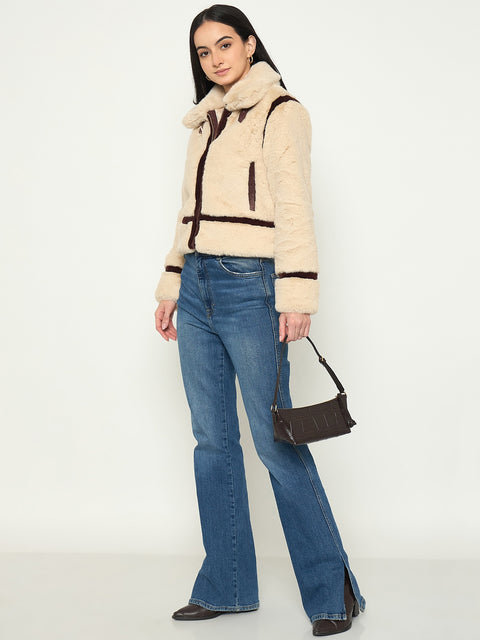 Madame Faux Fur Trim Beige Jacket with Contrast Seasms