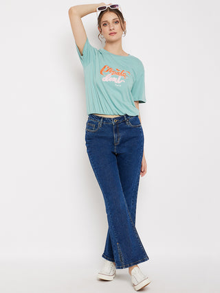Madame Crew Neck Green Printed T-Shirt