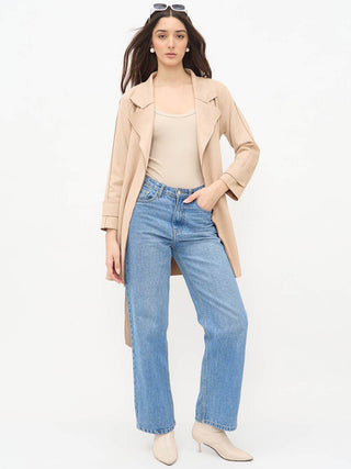 Madame Beige Trench Coat with Lapel Notch Neckline and Belt