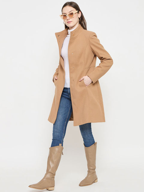 Madame Stand Collar Beige Long Coat with Buttons