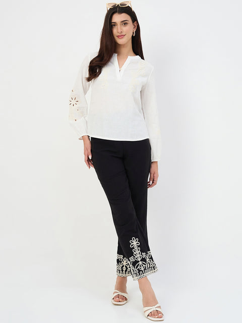 Madame White Embroidered Cotton-Linen Tunic Top