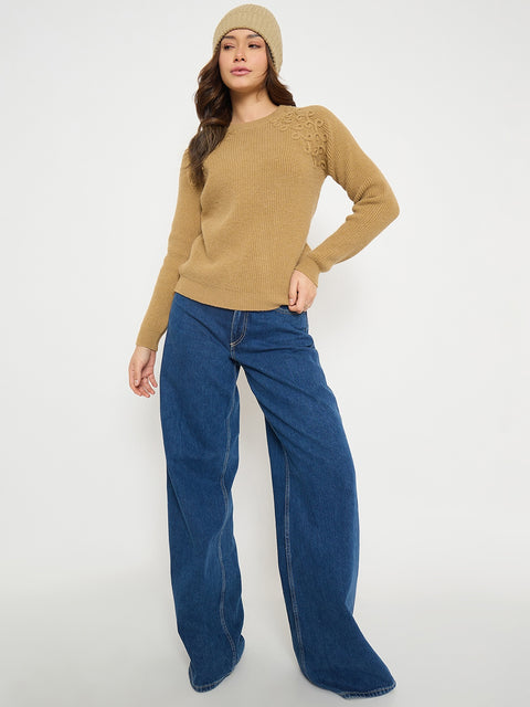 Madame Embroidered Khaki Solid Sweater