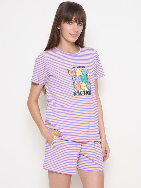 mSECRET Printed Top, Shorts and Bottoms Purple Night Suit
