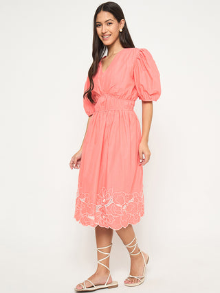 Madame Floral Embroidered Hem Fit and Flared Coral Midi Dress