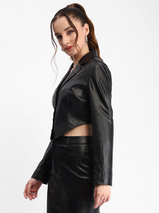 Madame Solid Black Buttoned Faux Leather Crop Top