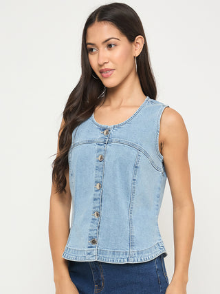 Madame Sleeveless Bright Blue Cotton Blend Bright Blue Top