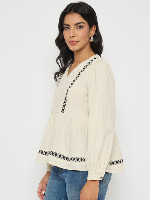 Madame Geometric Pattern Embroidery Rayon Blend Off White Top