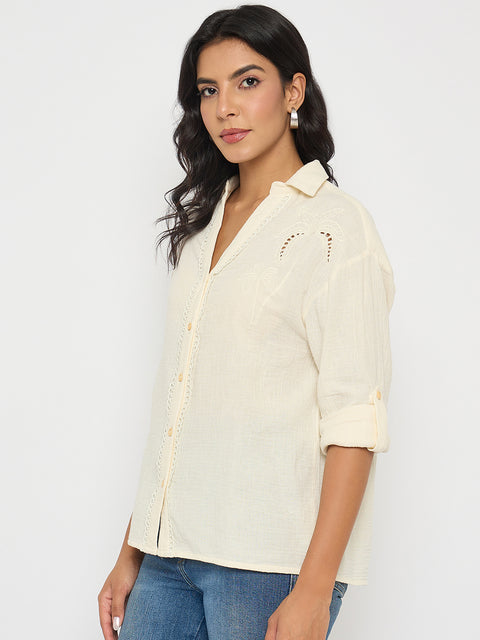 Madame Solid Off- White Cotton Shirt
