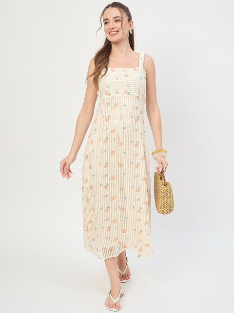 Madame Beige Printed Sleeveless Midi Dress
