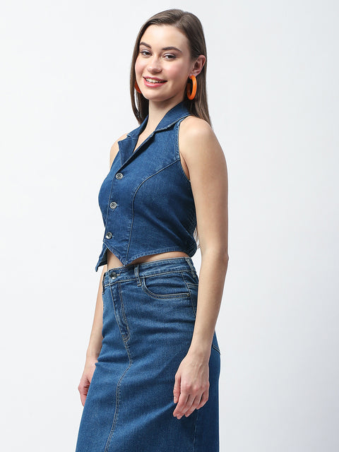 Madame Button-Down Dark Blue Halter Denim Crop Top