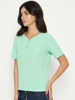 Madame Henley Neck Solid Green T-Shirt