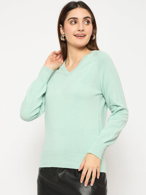 Madame V Neck Skinny Fit Mint Green Sweater