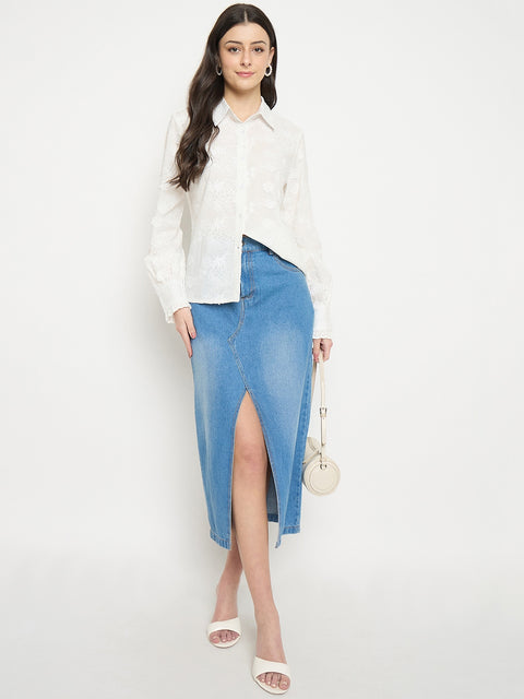 Madame Floral Detailing White Cotton Shirt