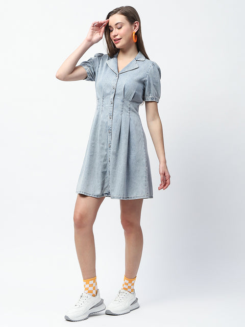 Madame Pintuck Detailed Light Blue Mini Denim Dress