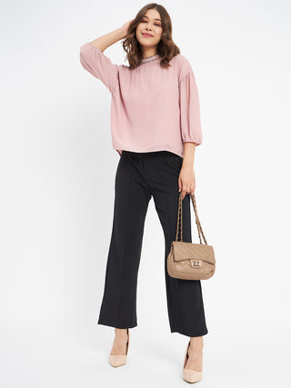 Madame Embellished Neckline Turtle Neck Solid Pink Top