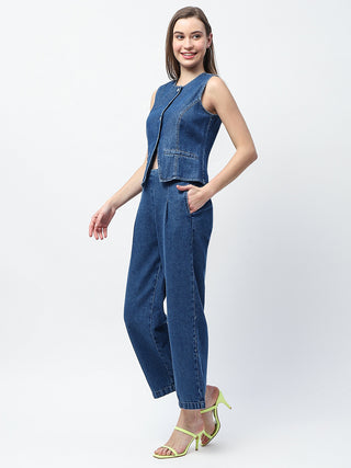 Madame Pintuck Detailed Top and Straight Trousers Mid Blue Co-ord Set