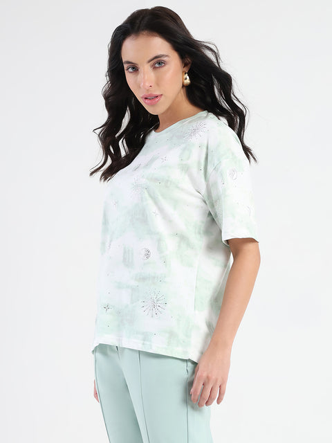Madame Swarovksi Detailed Tie and Dye Sea Green T-shirt