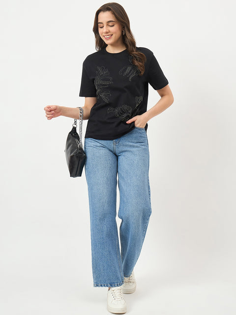Madame Black Cotton Graphic Half-Sleeve T-Shirt