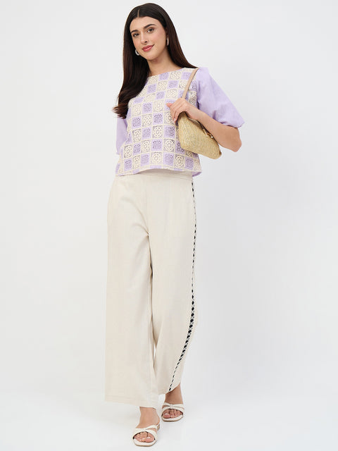 Madame Lilac Crochet Overlay Puff-Sleeve Top