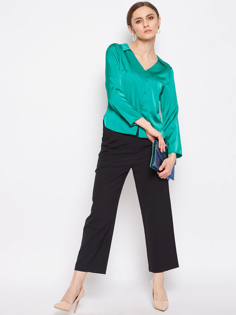 Madame V-Neck Solid Green Satin Shirt