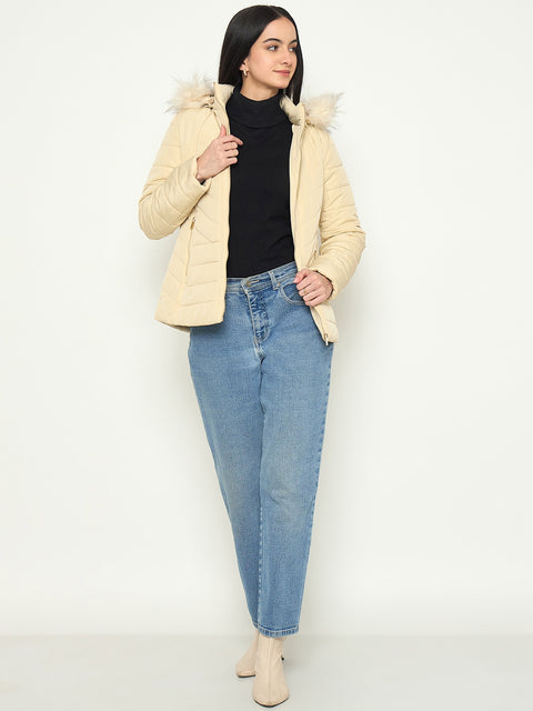 Madame Detachable Faux Fur Hood Beige Quilted Jacket