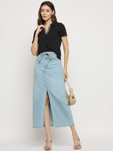 Madame Sky Blue Cotton Double Wash Pencil Skirt