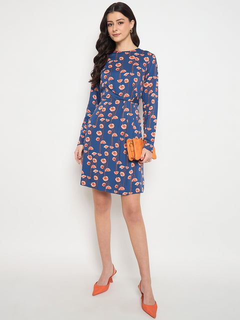 Madame Blue Printed Rayon Flared Dress