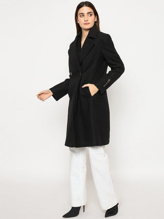 Madame Front Welt Pocketed Double Breasted Black Long Coat