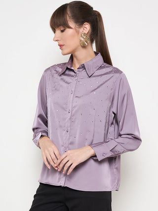 Madame Embellished Shirt Collar Solid Purple Shirt