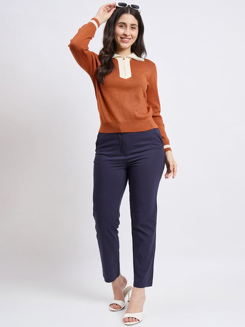 Madame Orange Contrast Trim Knit Top