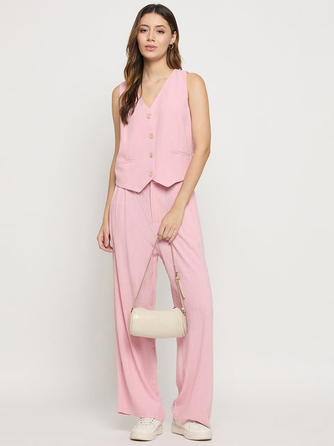 Madame Pink Rayon Linen Relaxed Fit Full Length Trousers