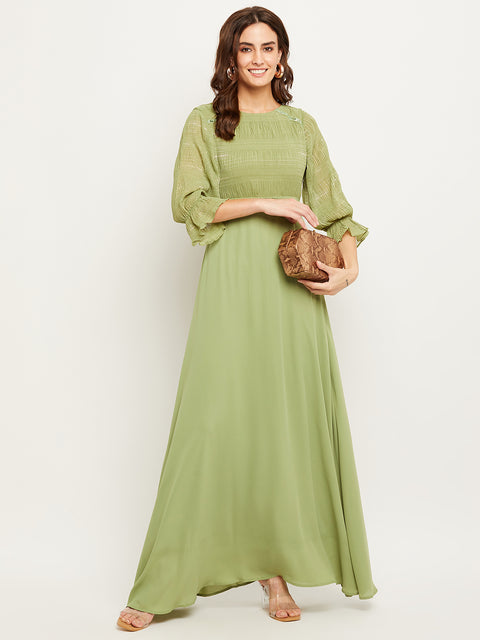 Madame Green Embellished Puff Sleeve Fit-Flare Dress