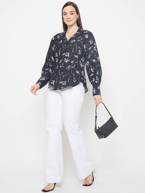 Madame Floral Print Pintuck Detailed Black Shirt