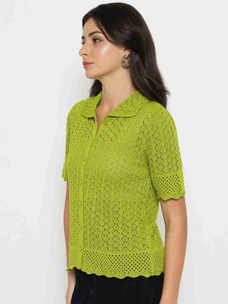 Madame Scalloped Hem Mehendi Green Knitted Polo Top