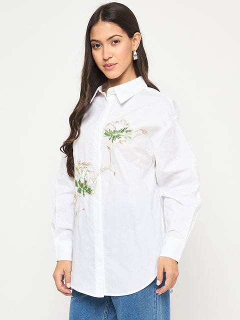 Madame Floral Embroidery White Cotton Shirt