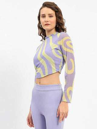 Madame Full Sleeve Wave Print Lilac Crop Top