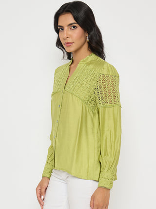 Madame Lace Detailed Pleated Front Green Top