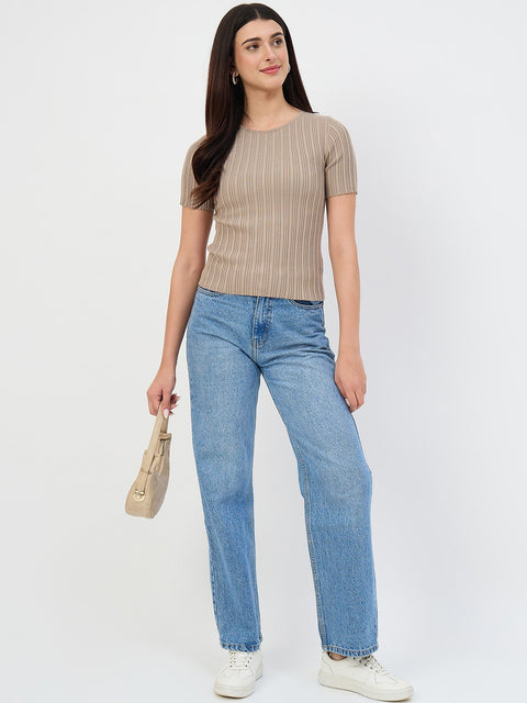 Madame Ash Grey Self-Striped Viscose Knit T-Shirt
