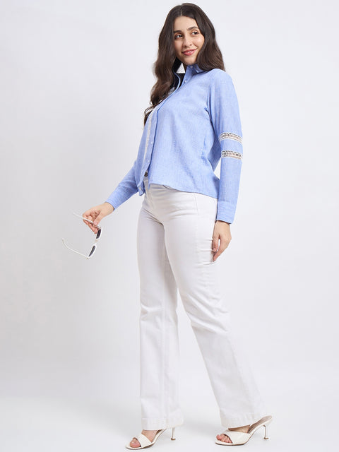 Madame Sky-blue Rayon Blend Solid Shirt