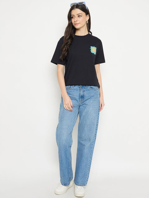Madame Black Cotton Pocket Print T-Shirt