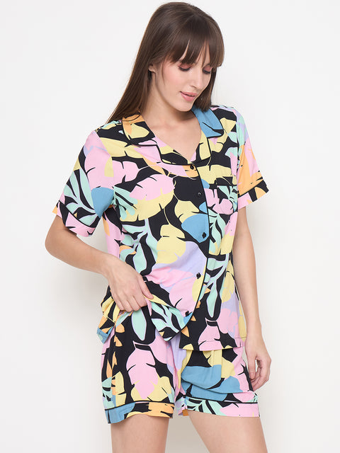 mSECRET Botanical Print Top and Shorts Black Night Suit