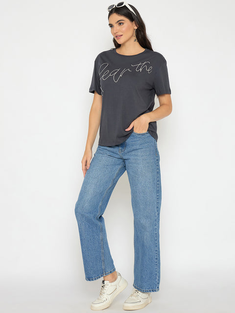 Madame Typography Print Charcoal Black Cotton T-shirt