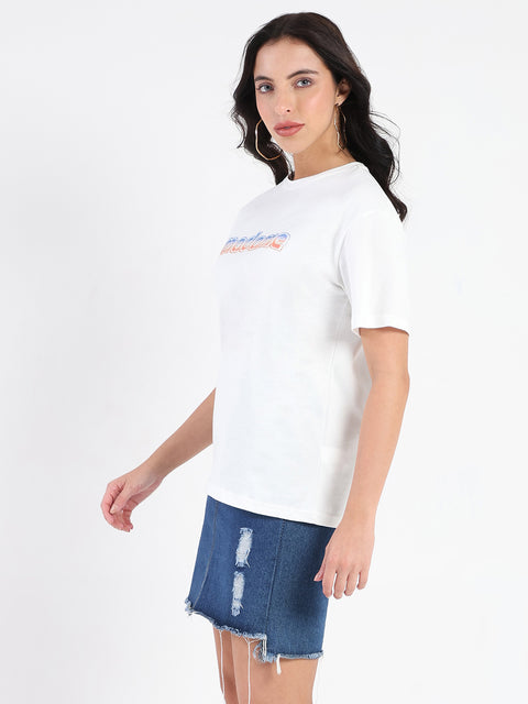 Madame Swarovski and Graphic Print White Cotton T-shirt